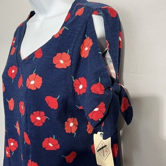 St John's Bay Navy Floral Blouse M Cold Shoulder , ￼ Shoulder Ties￼ Short Sleeve - Picture 4 of 10